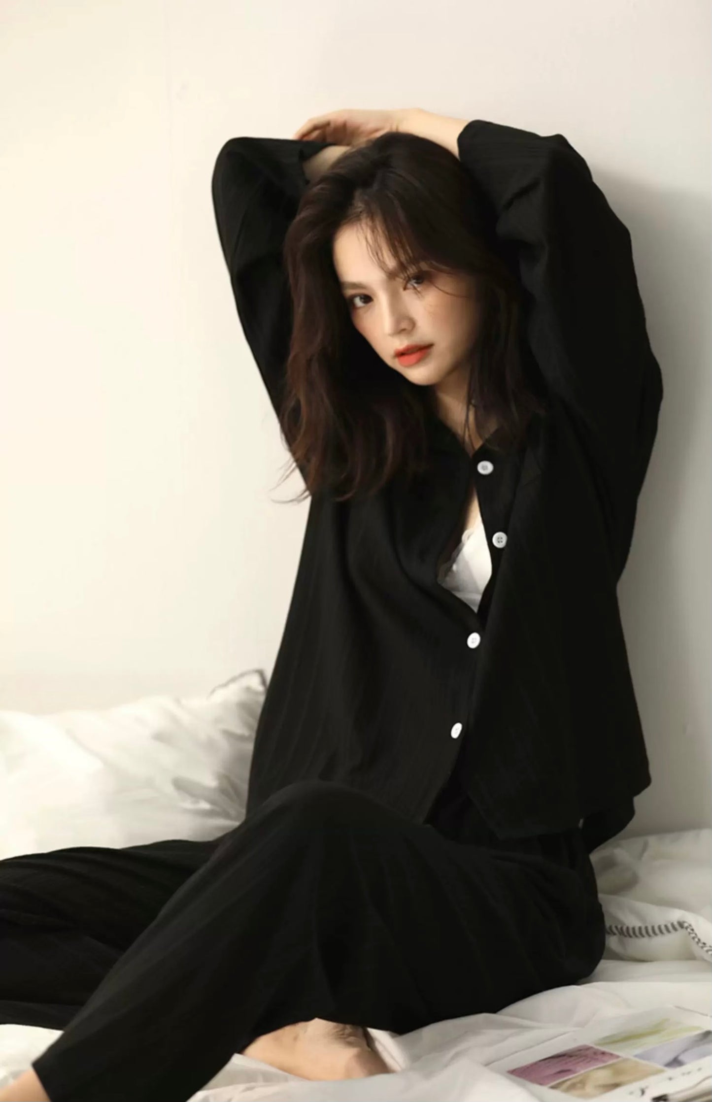 Classic Black Sleepwear, 100% Cotton Women's Lounge Set, Loungewear For Travel