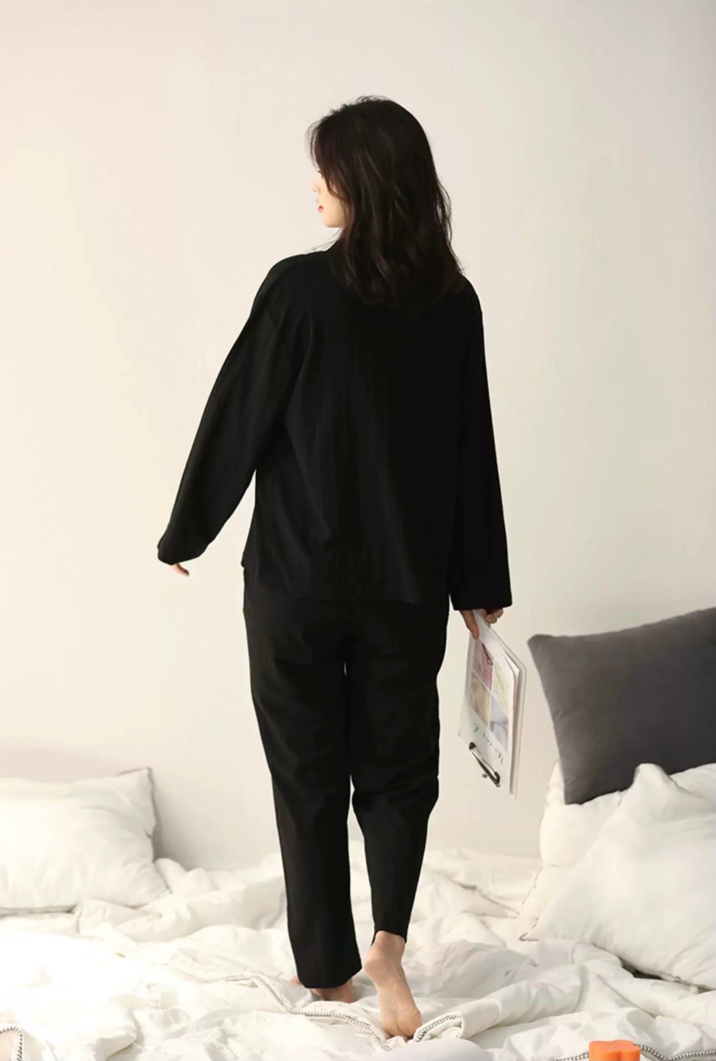 Classic Black Sleepwear, 100% Cotton Women's Lounge Set, Loungewear For Travel
