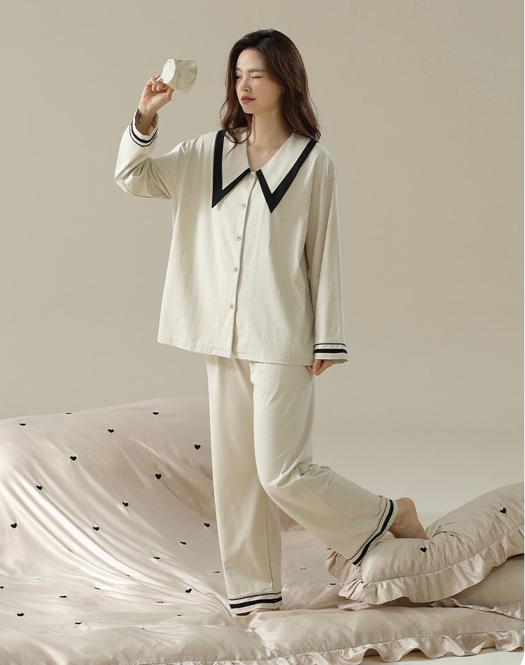 Elegant French Style Loungewear, Cotton Sleepwear, Minimalist Shirt and Pants, Birthday Gift for Her