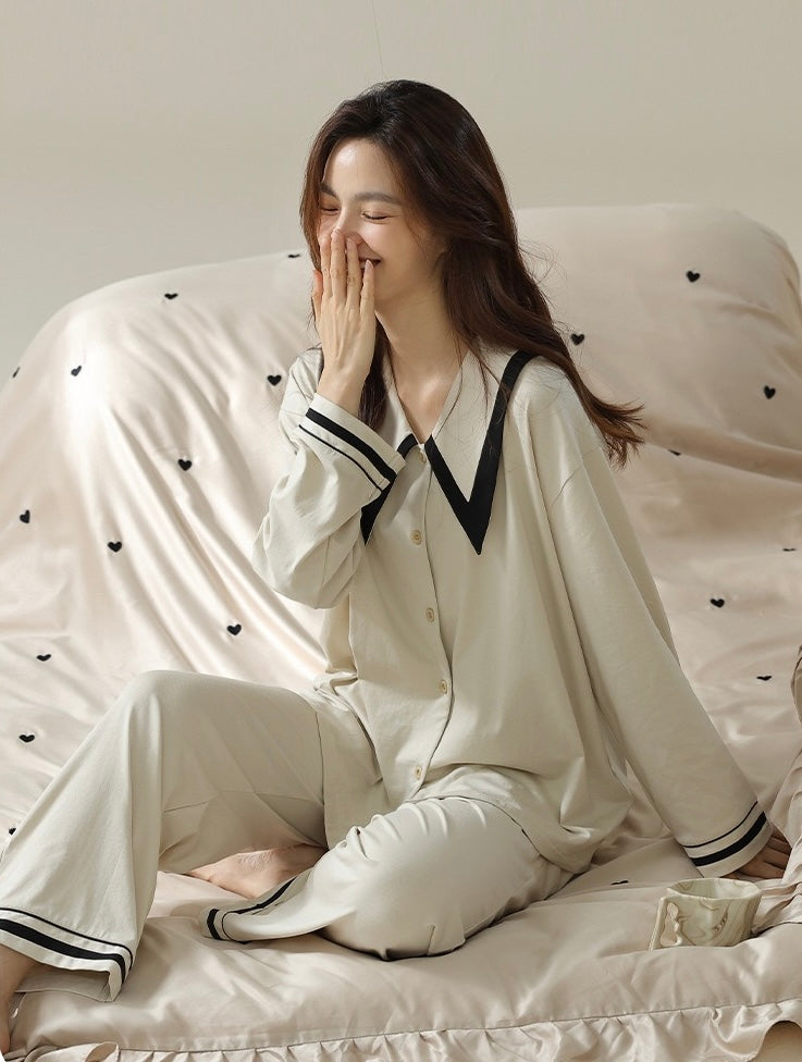 Elegant French Style Loungewear, Cotton Sleepwear, Minimalist Shirt and Pants, Birthday Gift for Her