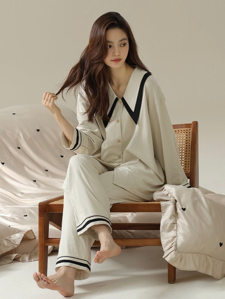 Elegant French Style Loungewear, Cotton Sleepwear, Minimalist Shirt and Pants, Birthday Gift for Her