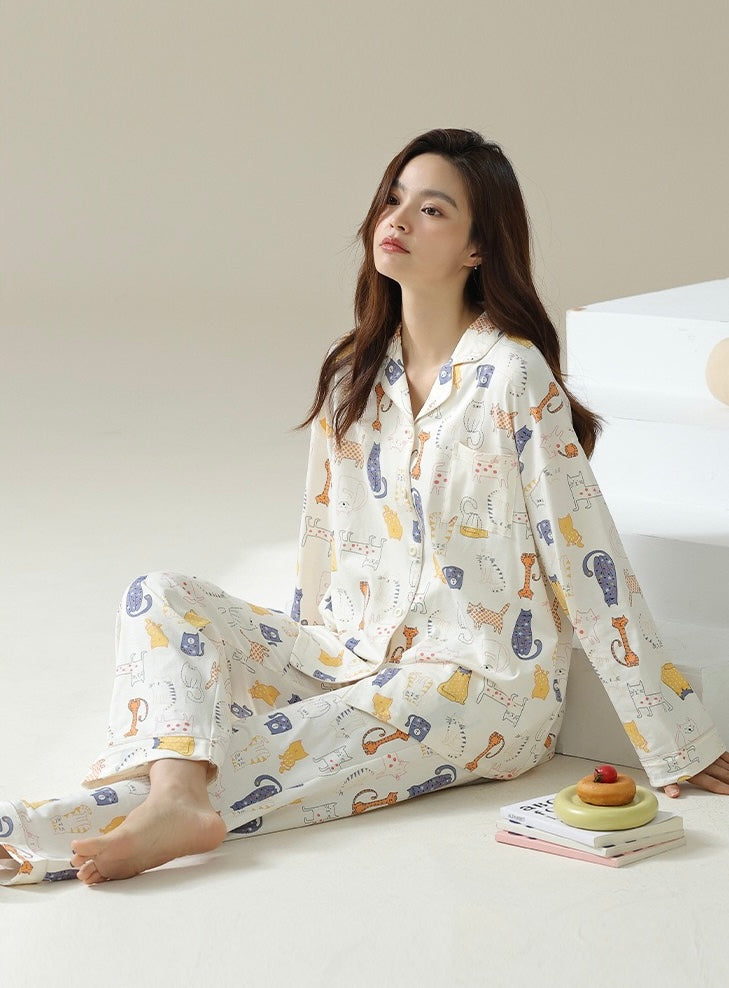 Cute Cat Print Pajama Set, Beige Shirt and Pants, Perfect for Cat Lovers