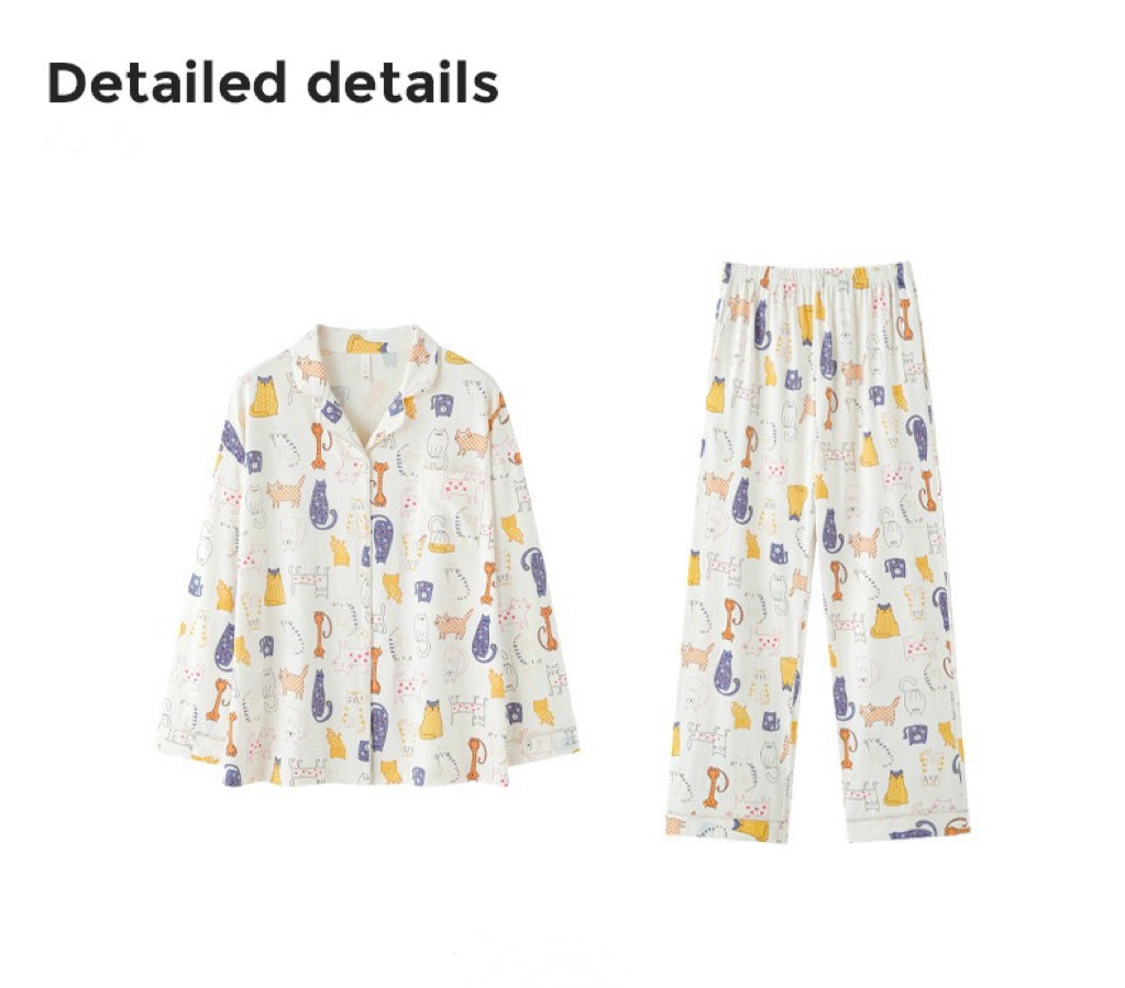 Cute Cat Print Pajama Set, Beige Shirt and Pants, Perfect for Cat Lovers