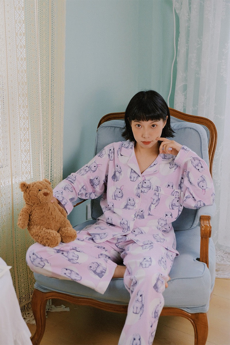 Happy bunny pajamas, Cute Rabbit print PJS, Animal lovers loungewear, Cotton made sleepwear