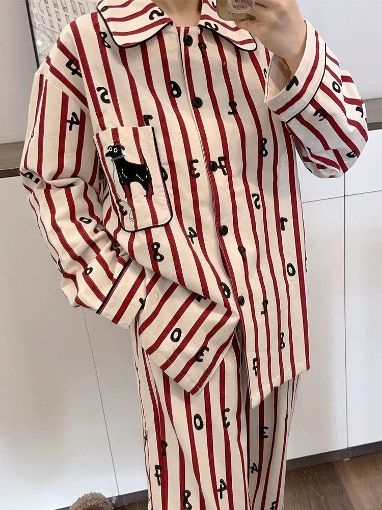 Cute Puppy Embroidery PJ Set - Red Striped PJS with Animal Print Details, 100% Cotton, Preppy Loungewear