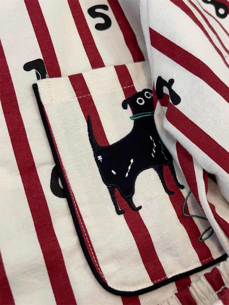 Cute Puppy Embroidery PJ Set - Red Striped PJS with Animal Print Details, 100% Cotton, Preppy Loungewear