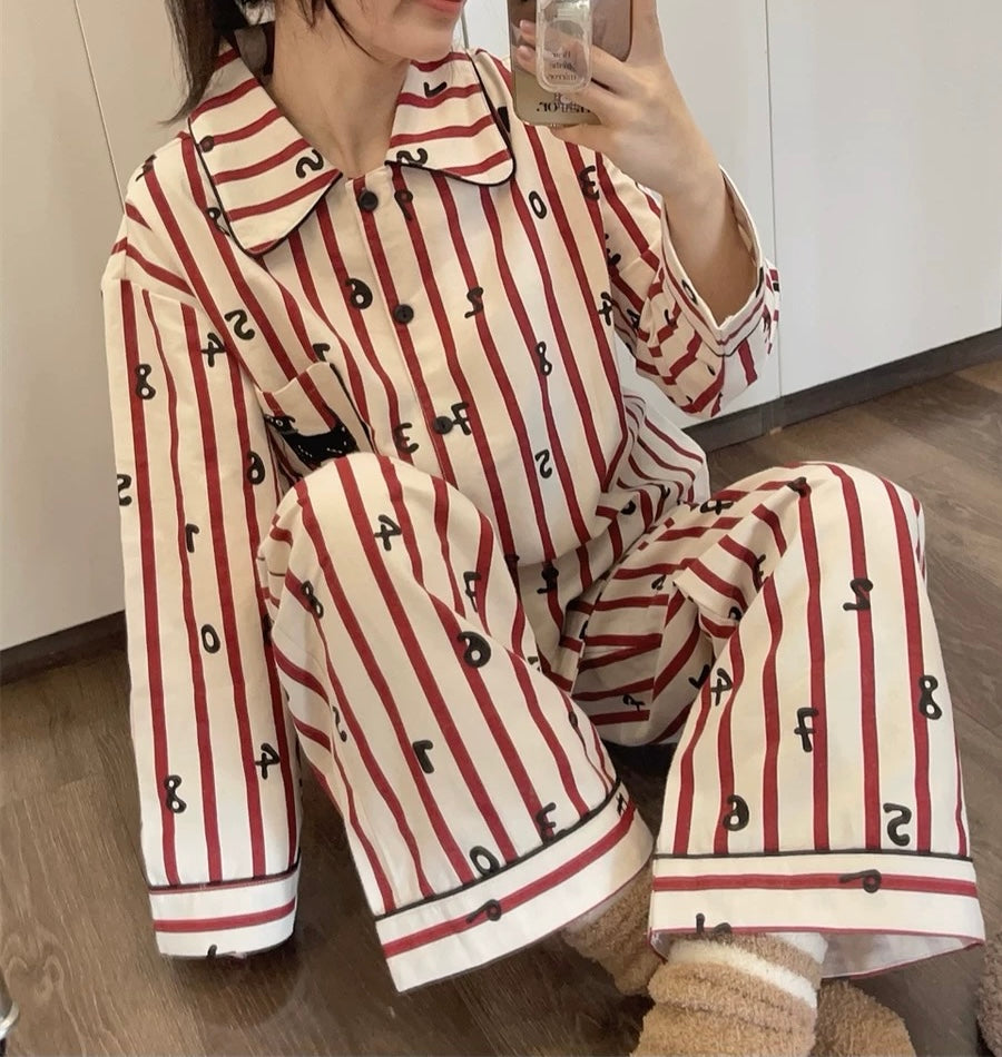 Cute Puppy Embroidery PJ Set - Red Striped PJS with Animal Print Details, 100% Cotton, Preppy Loungewear