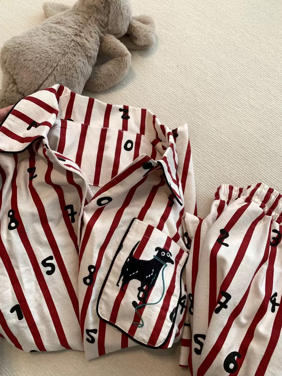 Cute Puppy Embroidery PJ Set - Red Striped PJS with Animal Print Details, 100% Cotton, Preppy Loungewear