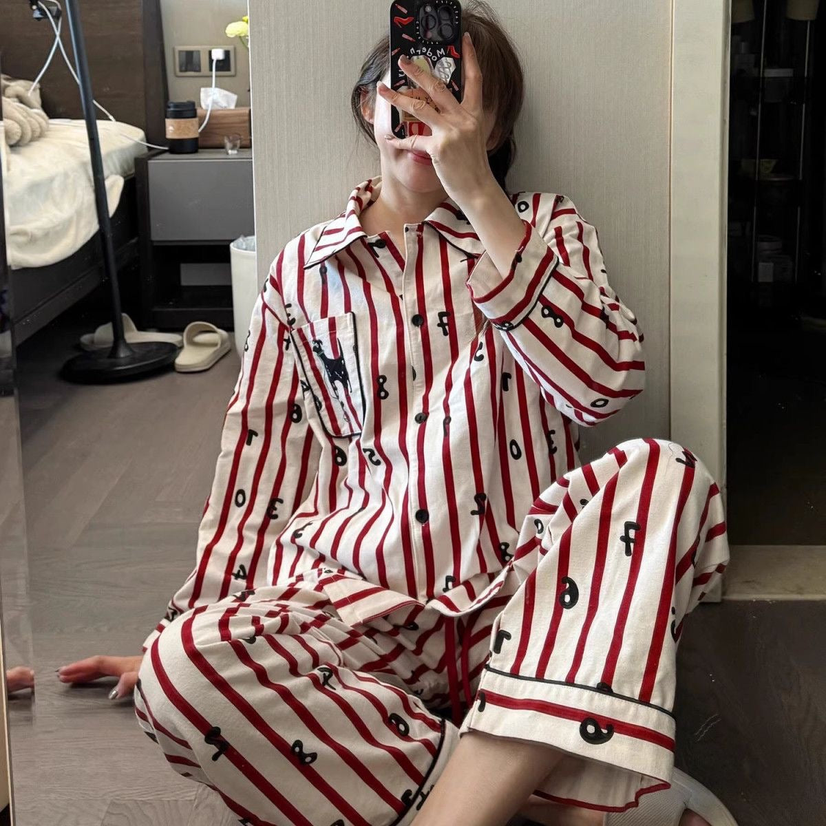 Cute Puppy Embroidery PJ Set - Red Striped PJS with Animal Print Details, 100% Cotton, Preppy Loungewear