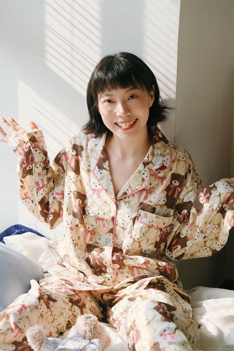 Cute Bear Patterned Pajama Set - 100% Cotton, Animal Print Sleepwear, Preppy Style PJ's, Perfect Gift for Her