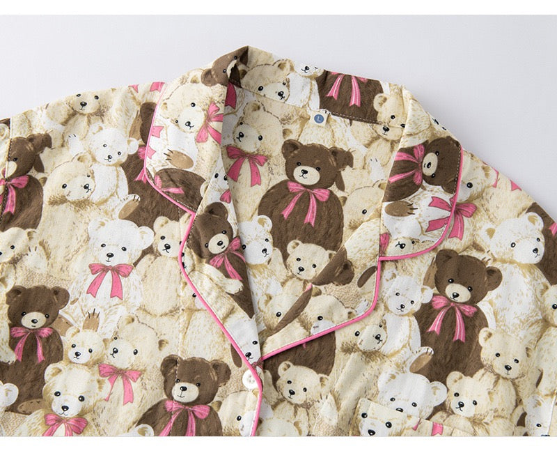 Cute Bear Patterned Pajama Set - 100% Cotton, Animal Print Sleepwear, Preppy Style PJ's, Perfect Gift for Her