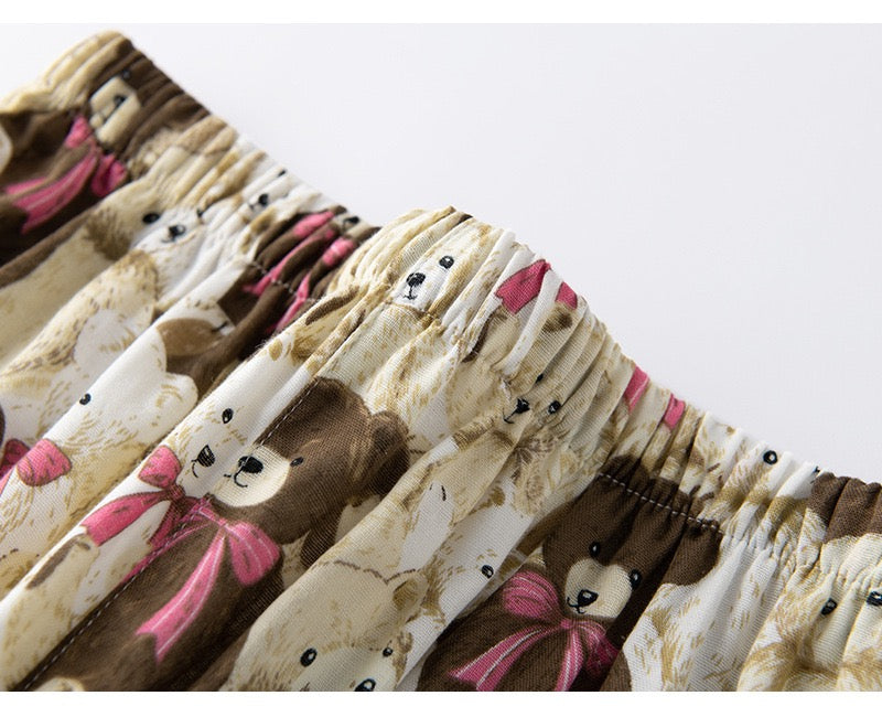 Cute Bear Patterned Pajama Set - 100% Cotton, Animal Print Sleepwear, Preppy Style PJ's, Perfect Gift for Her