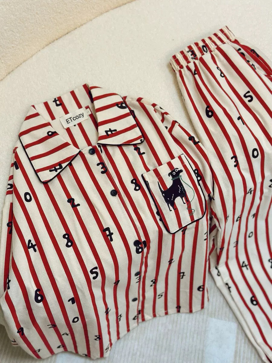 Cute Puppy Embroidery PJ Set - Red Striped PJS with Animal Print Details, 100% Cotton, Preppy Loungewear