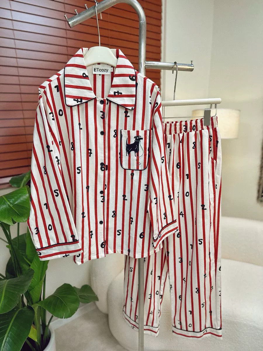 Cute Puppy Embroidery PJ Set - Red Striped PJS with Animal Print Details, 100% Cotton, Preppy Loungewear
