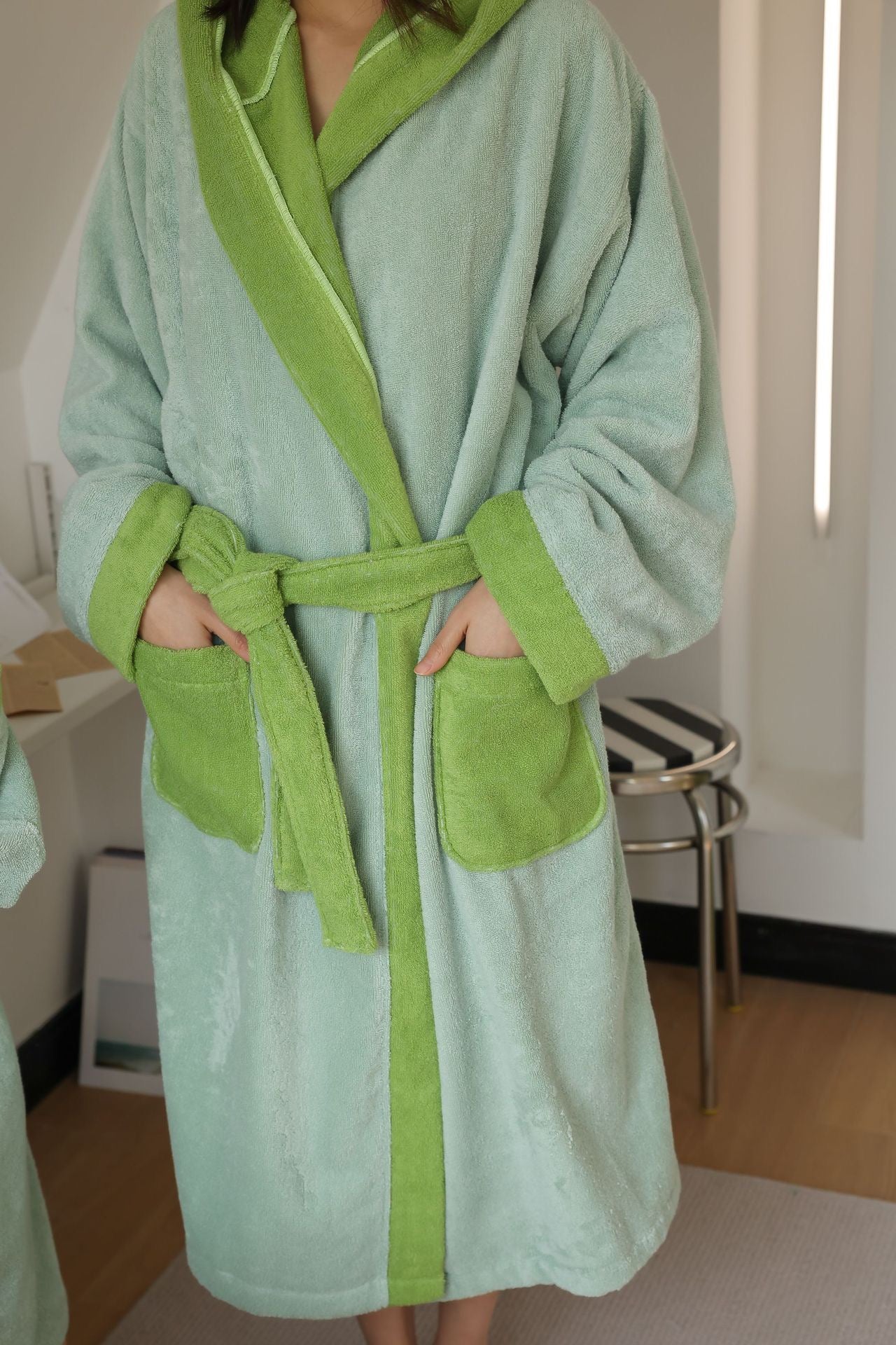 Family Matching Cotton Bathrobe | Soft Green Hooded Home Robe