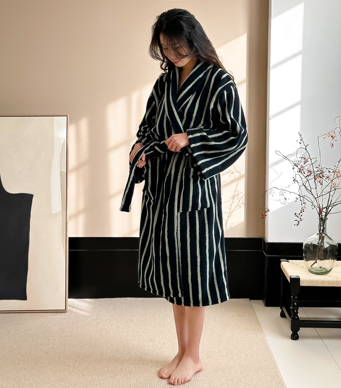Burgundy Striped Terry Bathrobe – Shawl Collar Robe with Belt & Pockets