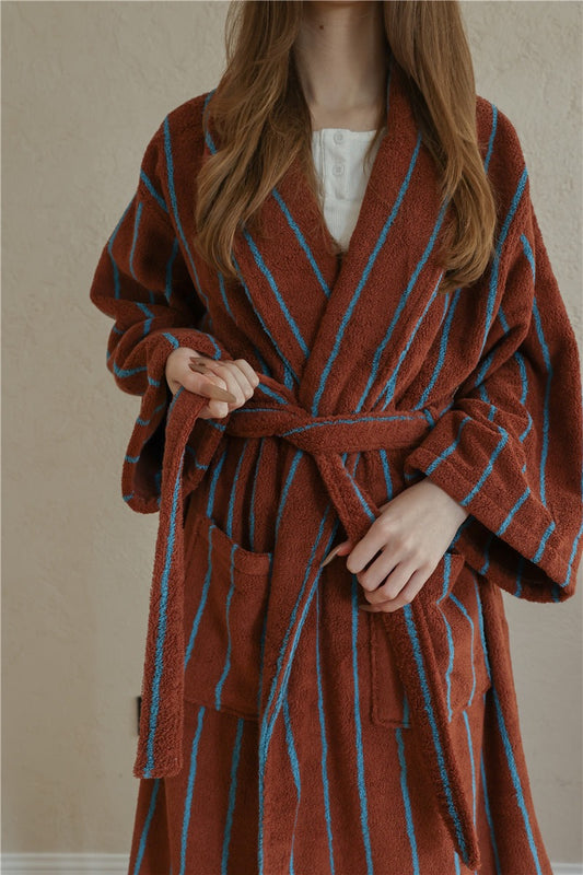 100% Cotton Terry Bathrobe – Unisex Striped Robe with Pockets, Soft Absorbent Home & Spa Robe detail view 2 from Etcozy