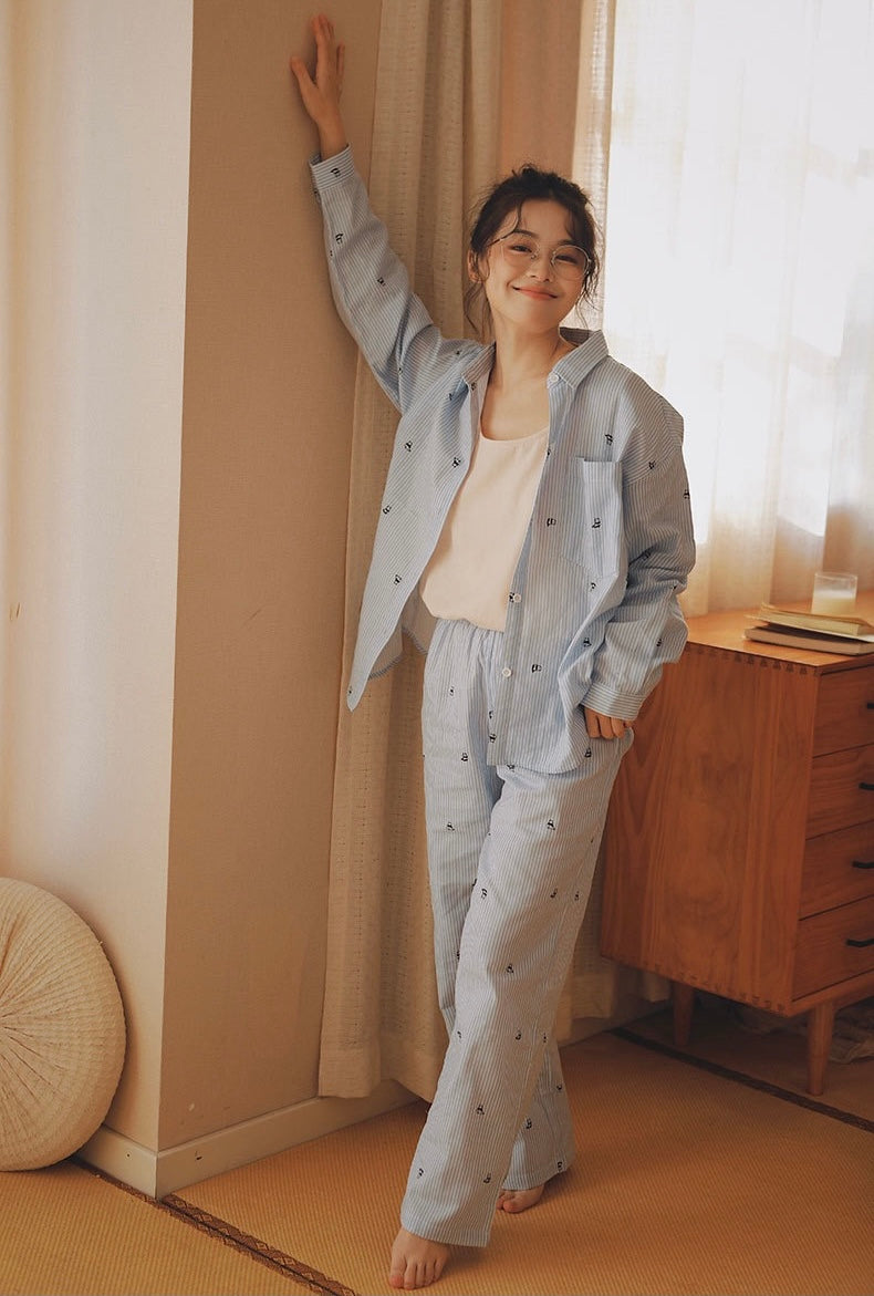 Blue Striped loungewear, Cute Panda print, Cotton pyjama set, Loungewear for trip and staycation