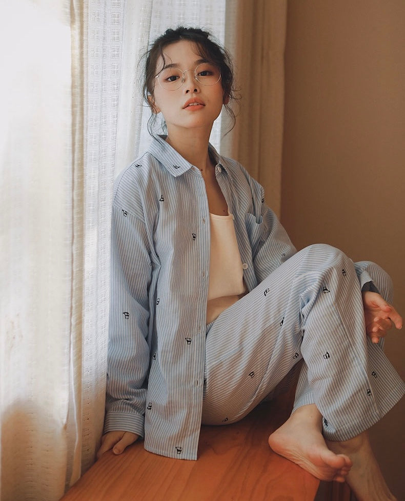 Blue Striped loungewear, Cute Panda print, Cotton pyjama set, Loungewear for trip and staycation