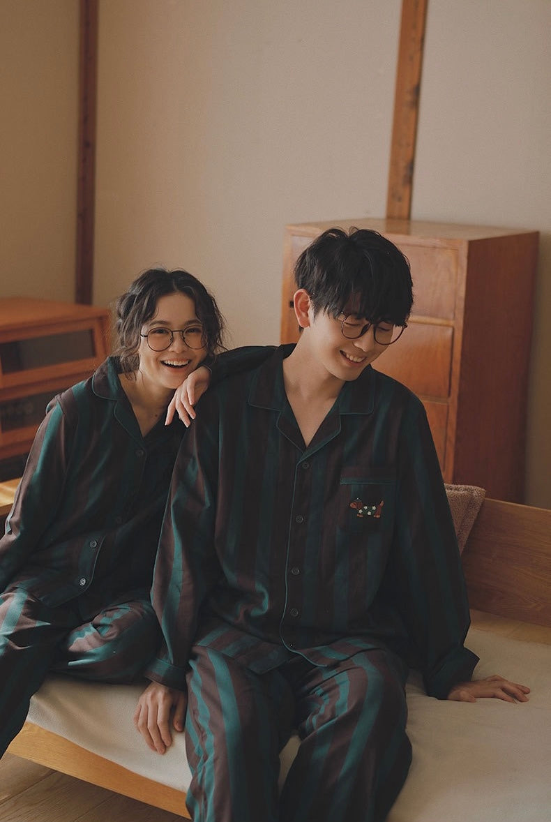 Matching Couple Cotton Pajamas Set with Puppy Embroidery
