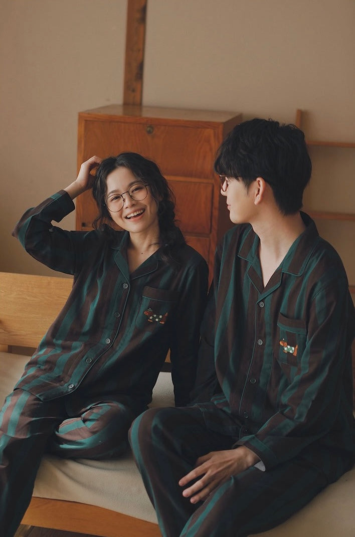 Matching Couple Cotton Pajamas Set with Puppy Embroidery