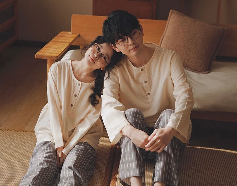 Minimalist Couple Cotton Pajamas Set, Long Sleeve Matching Sleepwear