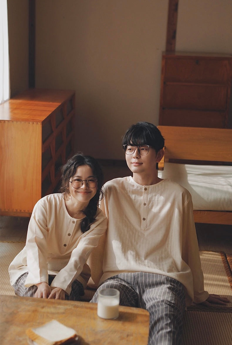 Minimalist Couple Cotton Pajamas Set, Long Sleeve Matching Sleepwear