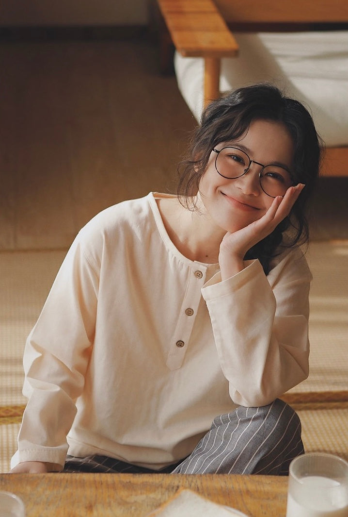 Minimalist Couple Cotton Pajamas Set, Long Sleeve Matching Sleepwear