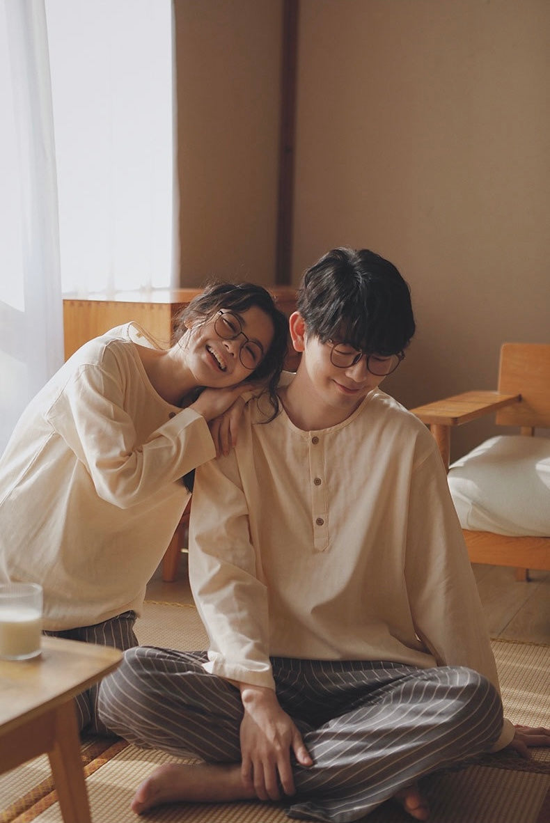 Minimalist Couple Cotton Pajamas Set, Long Sleeve Matching Sleepwear