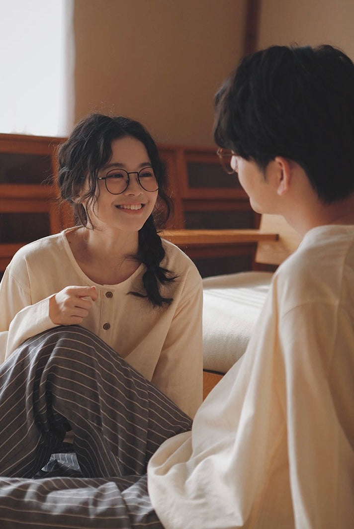 Minimalist Couple Cotton Pajamas Set, Long Sleeve Matching Sleepwear