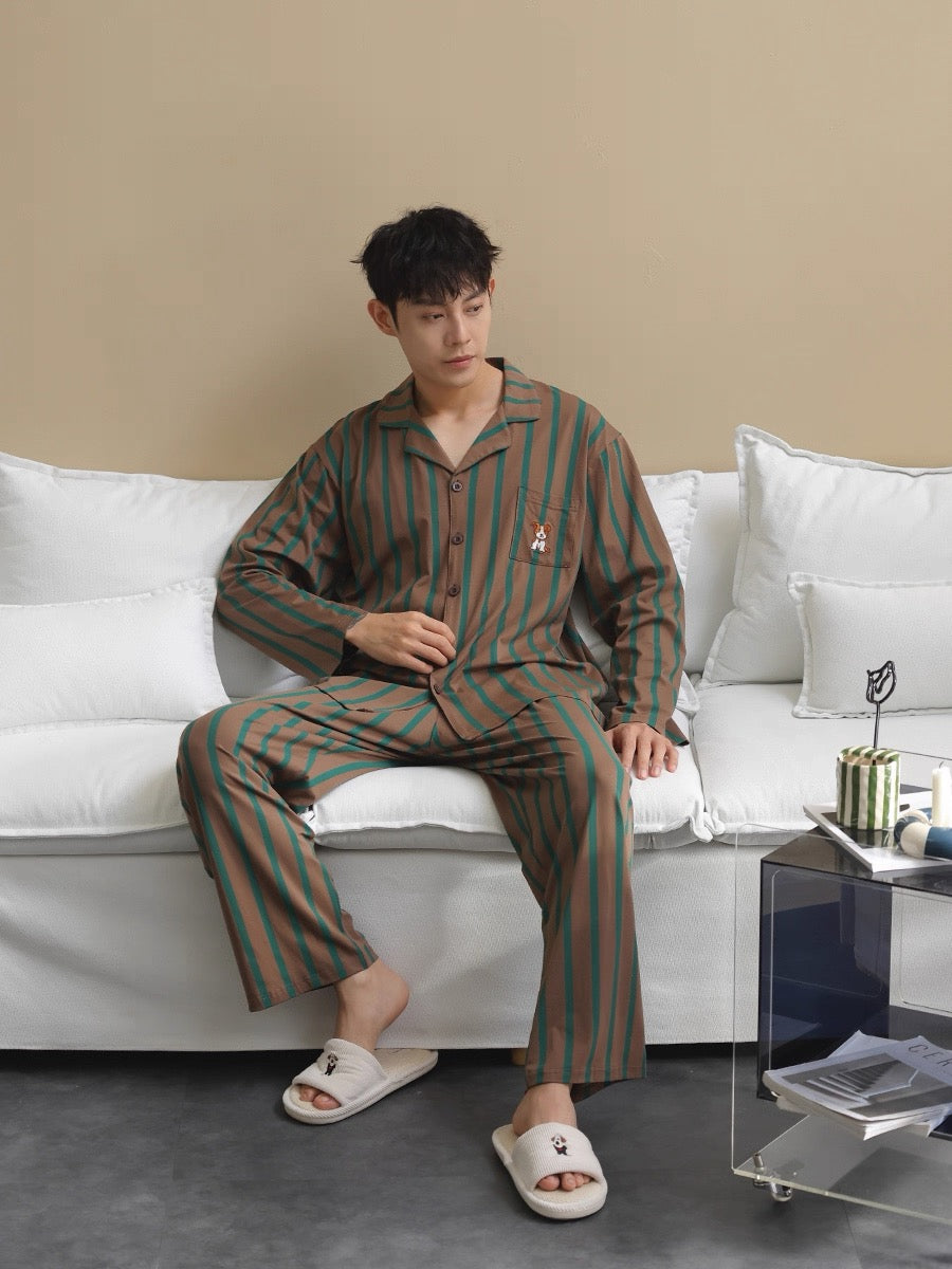 Men’s Cotton Striped Pajamas, 100% Soft Cotton Sleepwear with Puppy Embroidery