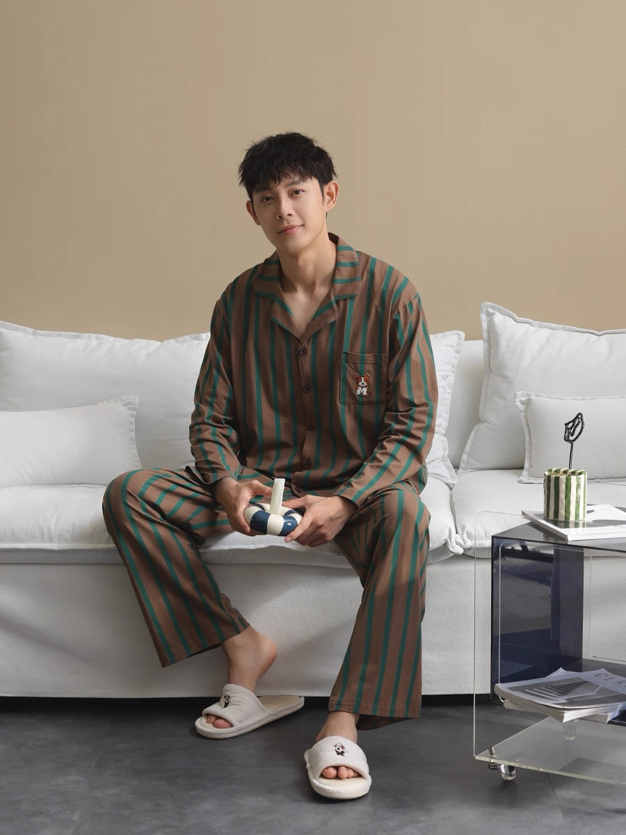 Men’s Cotton Striped Pajamas, 100% Soft Cotton Sleepwear with Puppy Embroidery
