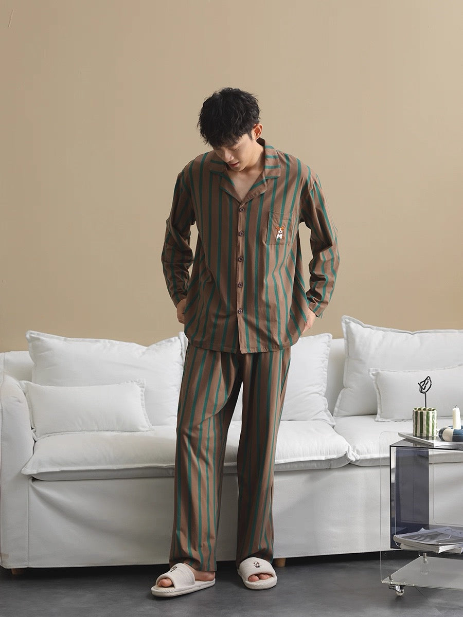 Men’s Cotton Striped Pajamas, 100% Soft Cotton Sleepwear with Puppy Embroidery