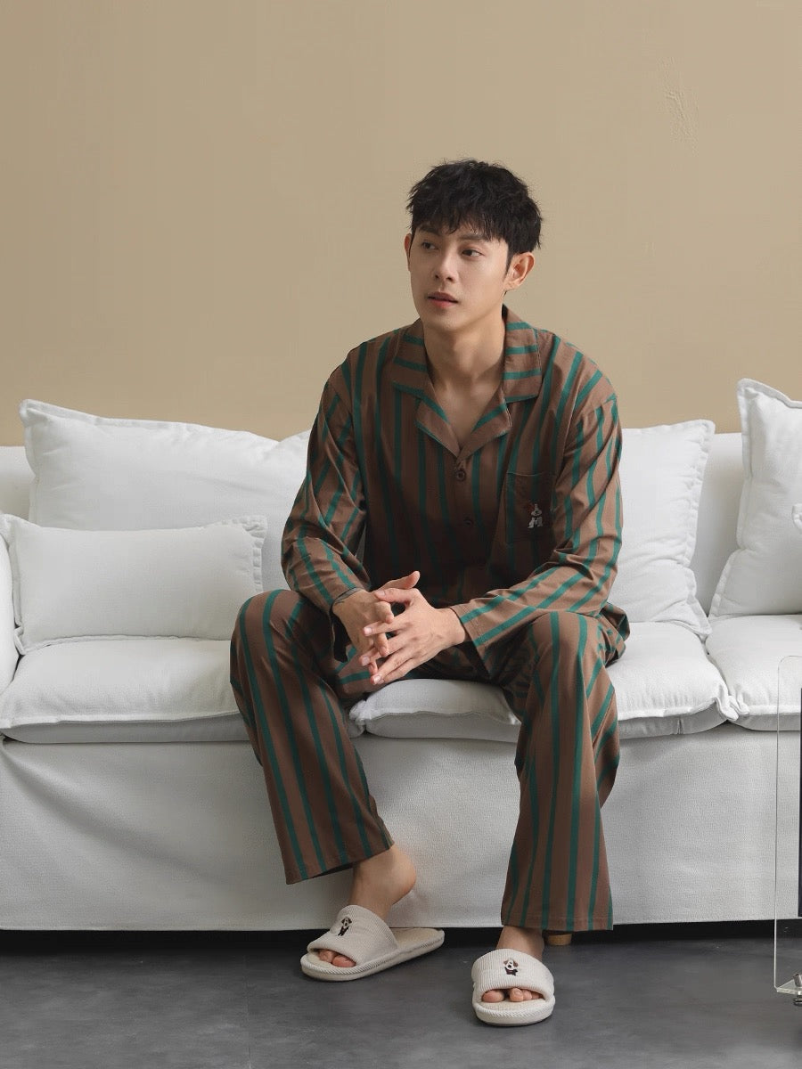 Men’s Cotton Striped Pajamas, 100% Soft Cotton Sleepwear with Puppy Embroidery