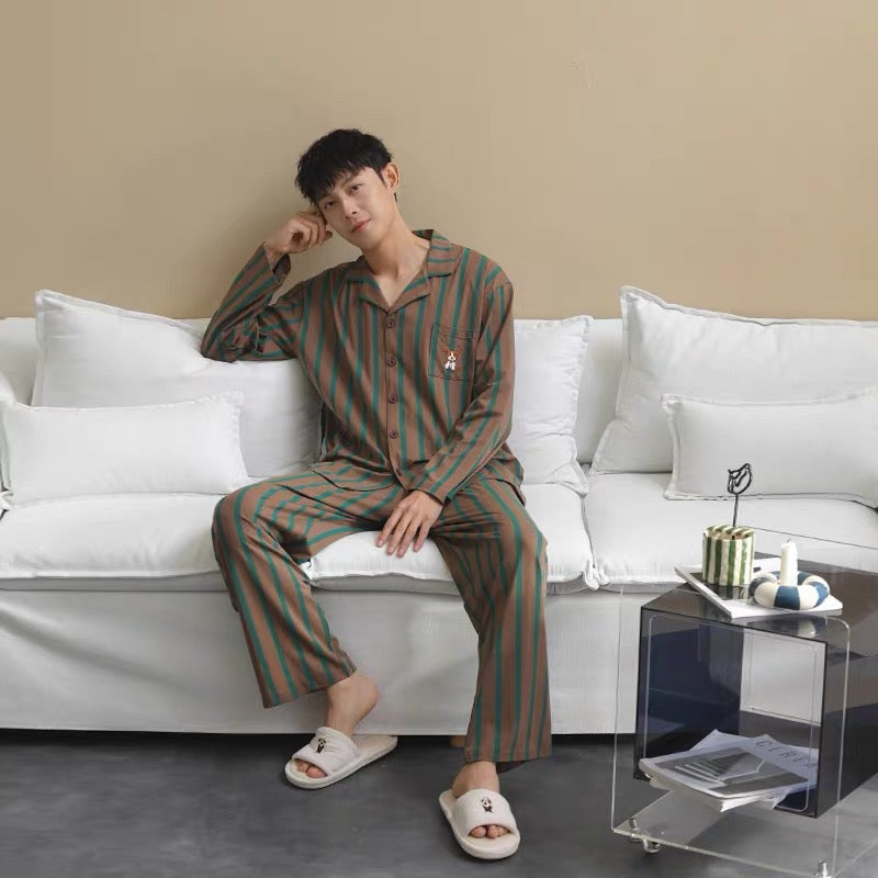 Men’s Cotton Striped Pajamas, 100% Soft Cotton Sleepwear with Puppy Embroidery