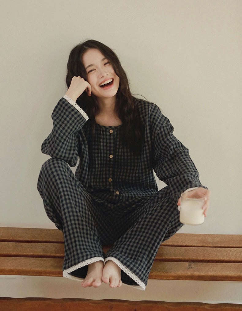 Brushed Cotton Plaid Pajamas Set – Cozy Warm Loungewear for Women, Autumn Winter Sleepwear