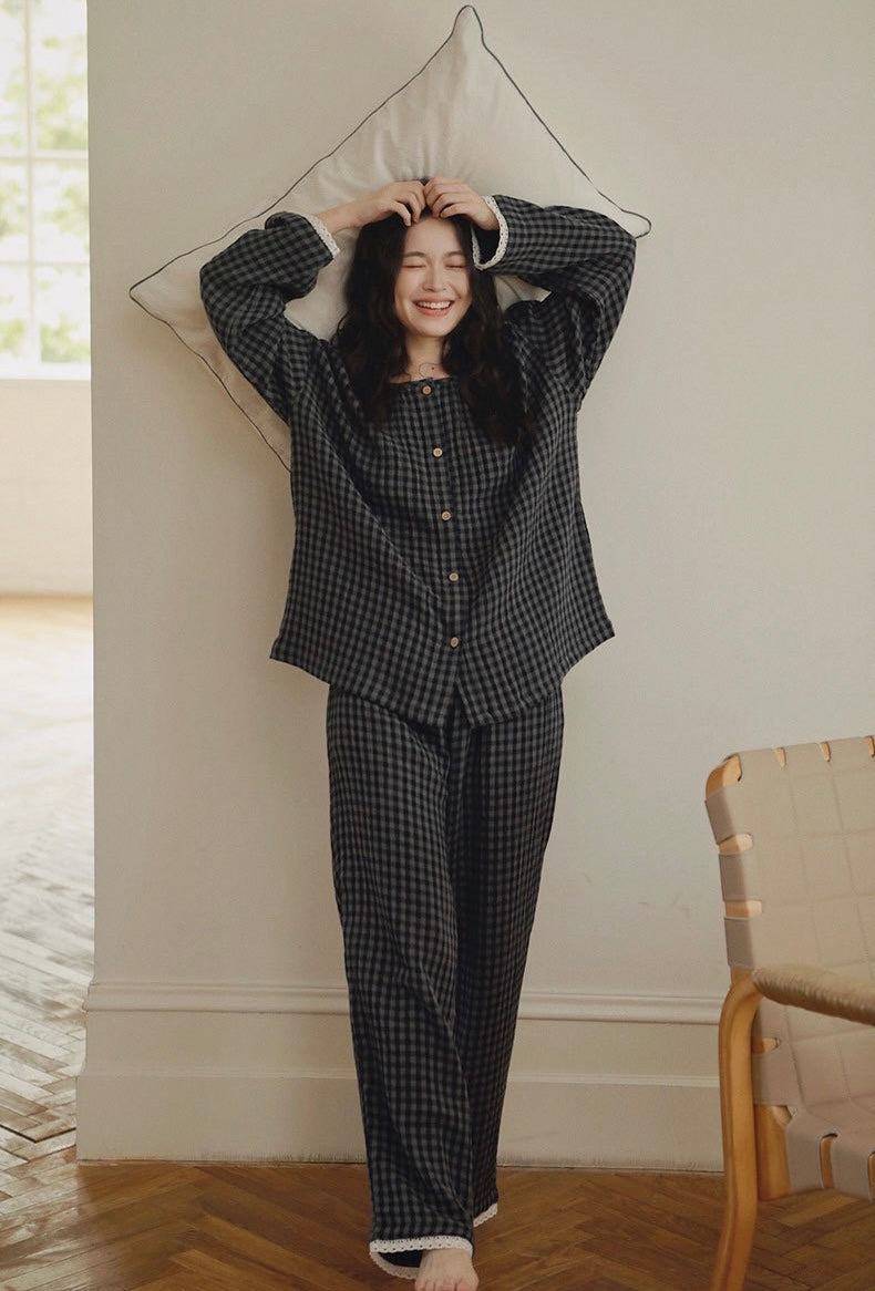 Brushed Cotton Plaid Pajamas Set – Cozy Warm Loungewear for Women, Autumn Winter Sleepwear