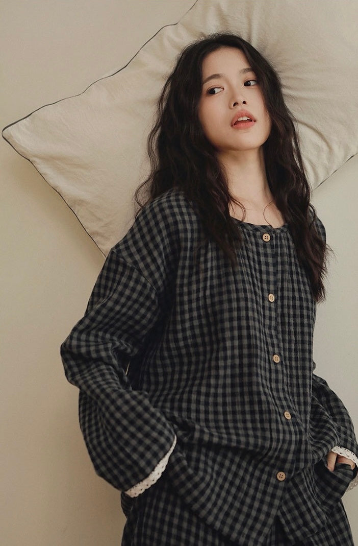 Brushed Cotton Plaid Pajamas Set – Cozy Warm Loungewear for Women, Autumn Winter Sleepwear