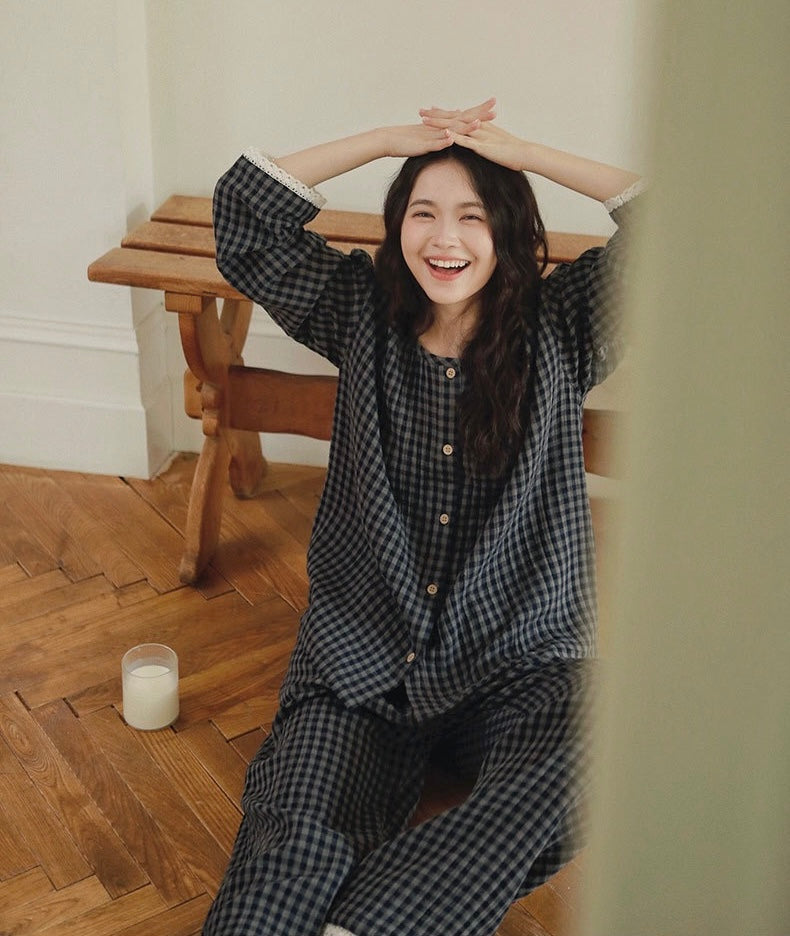Brushed Cotton Plaid Pajamas Set – Cozy Warm Loungewear for Women, Autumn Winter Sleepwear