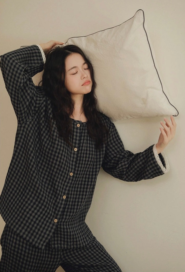 Brushed Cotton Plaid Pajamas Set – Cozy Warm Loungewear for Women, Autumn Winter Sleepwear