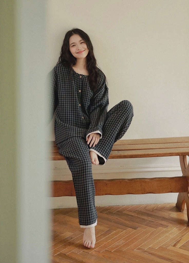 Brushed Cotton Plaid Pajamas Set – Cozy Warm Loungewear for Women, Autumn Winter Sleepwear