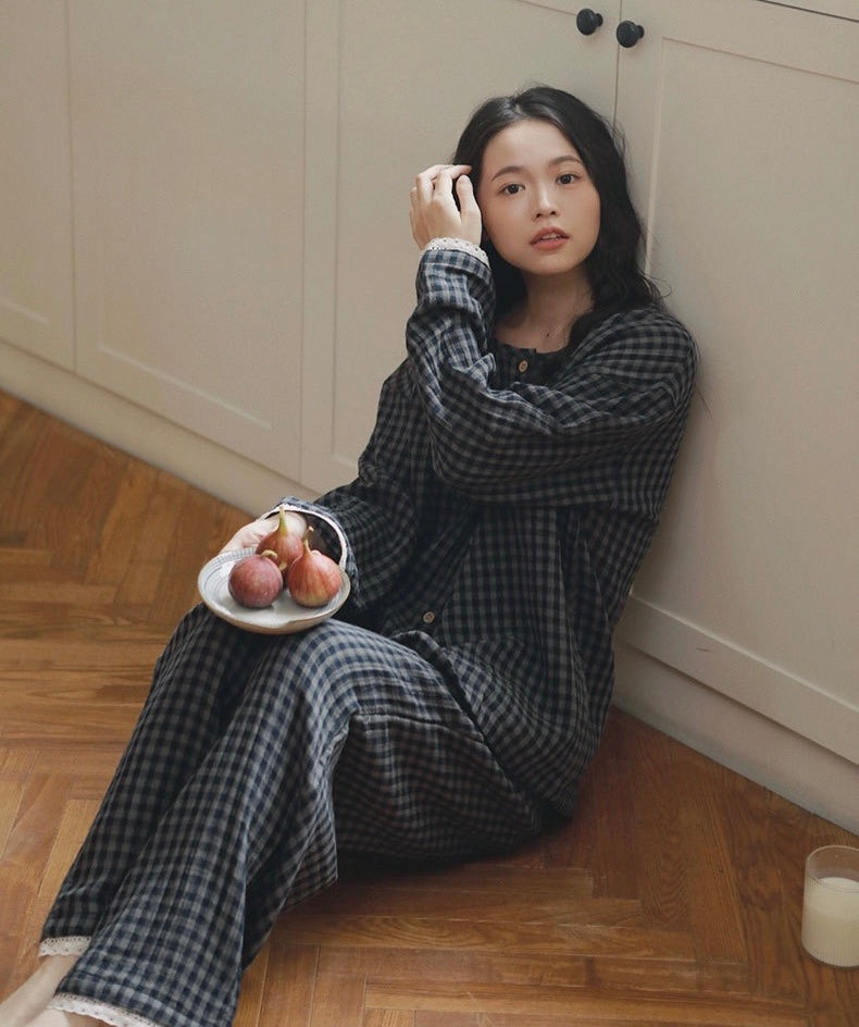 Brushed Cotton Plaid Pajamas Set – Cozy Warm Loungewear for Women, Autumn Winter Sleepwear