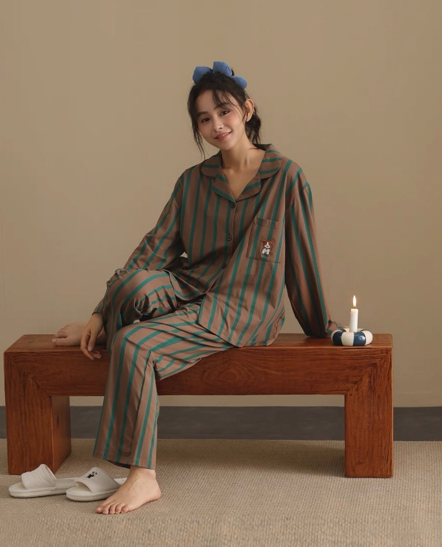 Women’s Striped Pajama Set– Soft Sleepwear with Dog Embroidery, Gift-Ready Loungewear