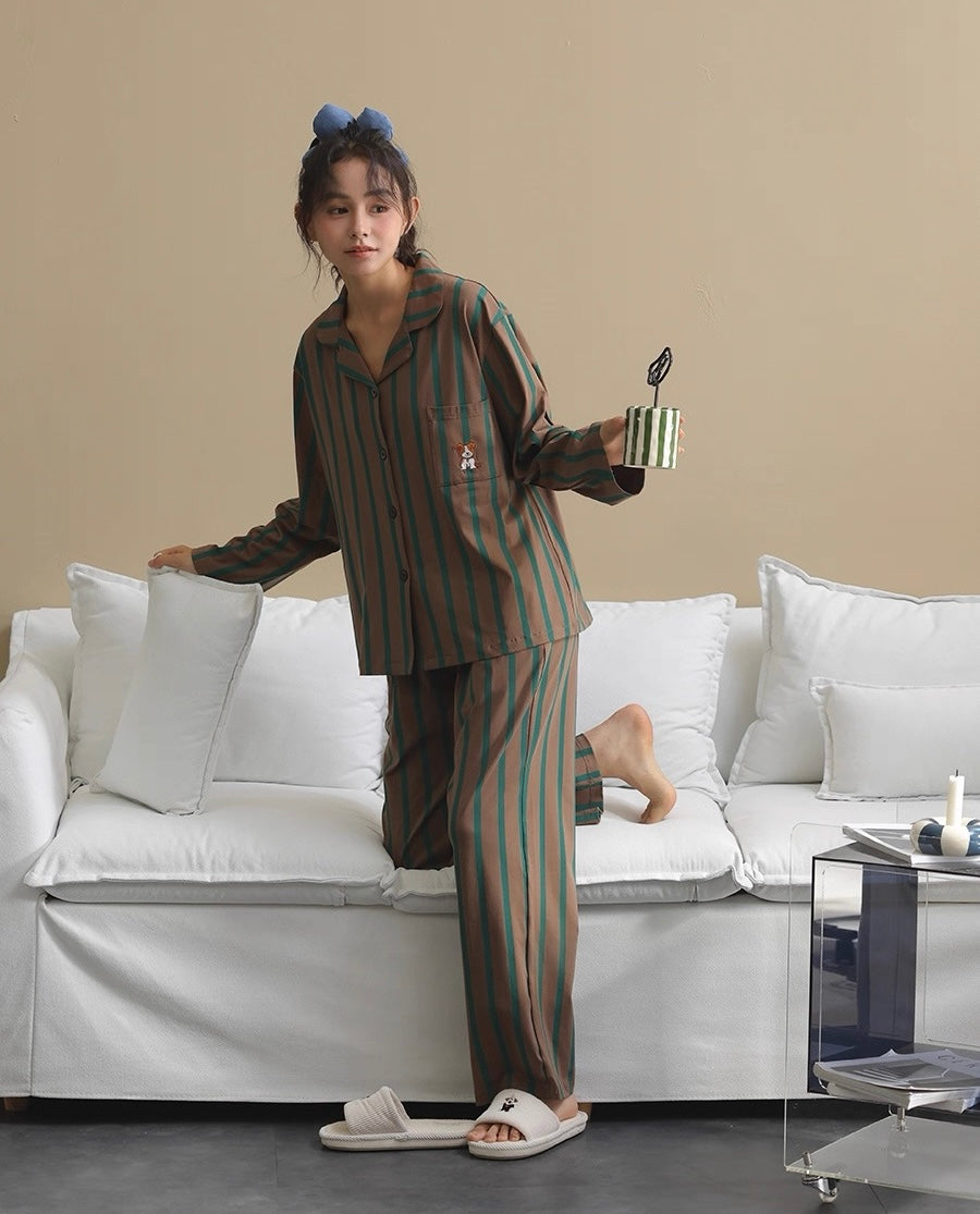 Women’s Striped Pajama Set– Soft Sleepwear with Dog Embroidery, Gift-Ready Loungewear