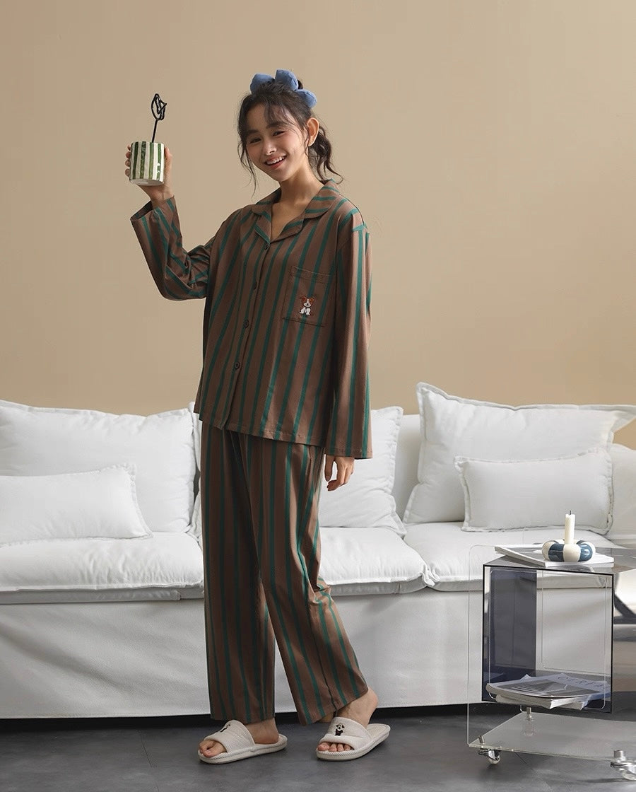 Women’s Striped Pajama Set– Soft Sleepwear with Dog Embroidery, Gift-Ready Loungewear