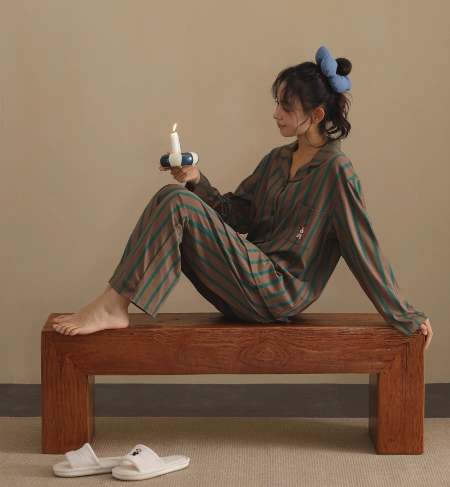 Women’s Striped Pajama Set– Soft Sleepwear with Dog Embroidery, Gift-Ready Loungewear