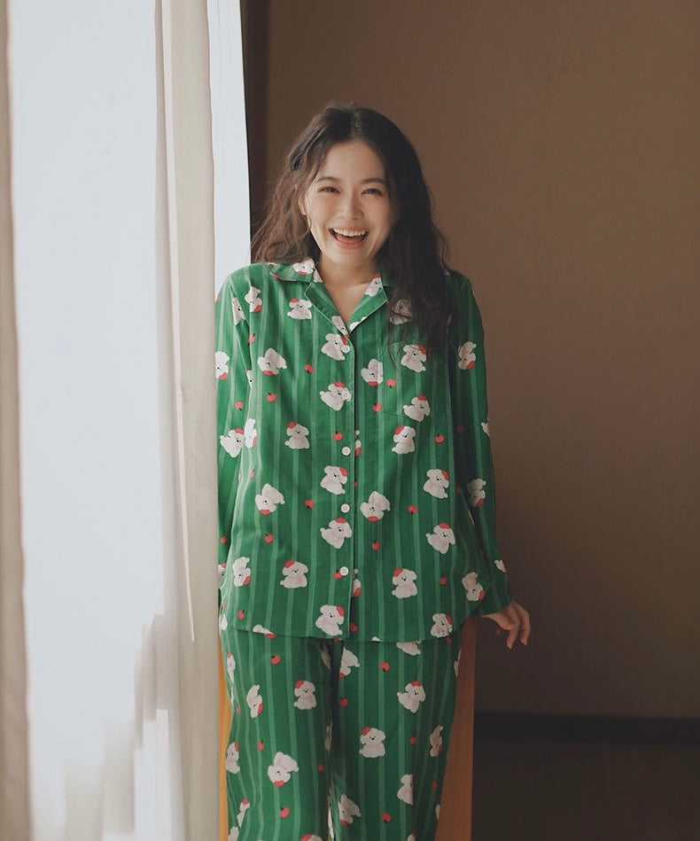 Green Cotton Pajama Set with Apple Dog Print – Cute Long & Short Sleeve Sleepwear