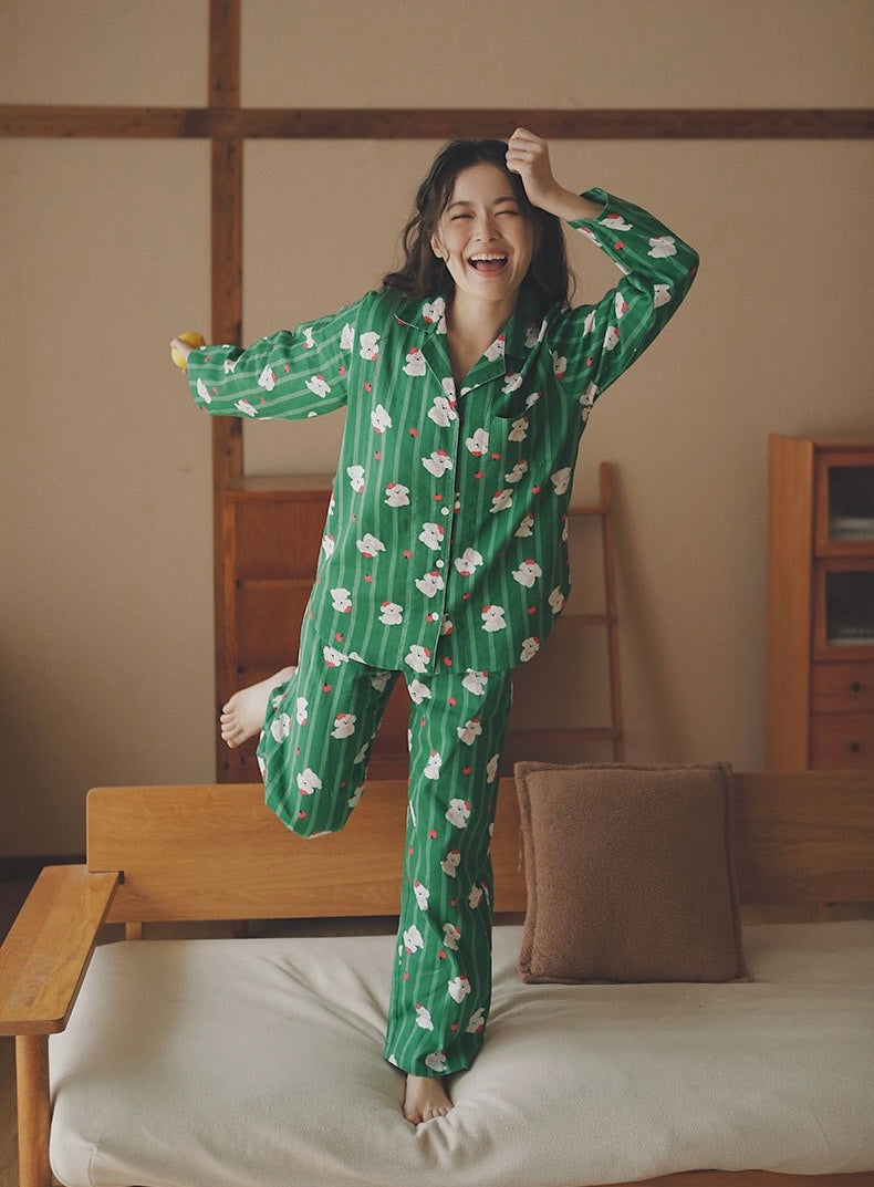 Green Cotton Pajama Set with Apple Dog Print – Cute Long & Short Sleeve Sleepwear