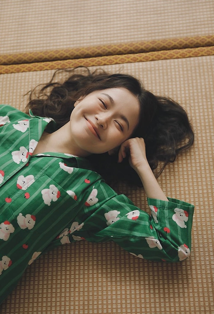 Green Cotton Pajama Set with Apple Dog Print – Cute Long & Short Sleeve Sleepwear