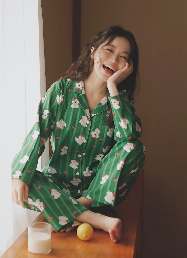 Green Cotton Pajama Set with Apple Dog Print – Cute Long & Short Sleeve Sleepwear